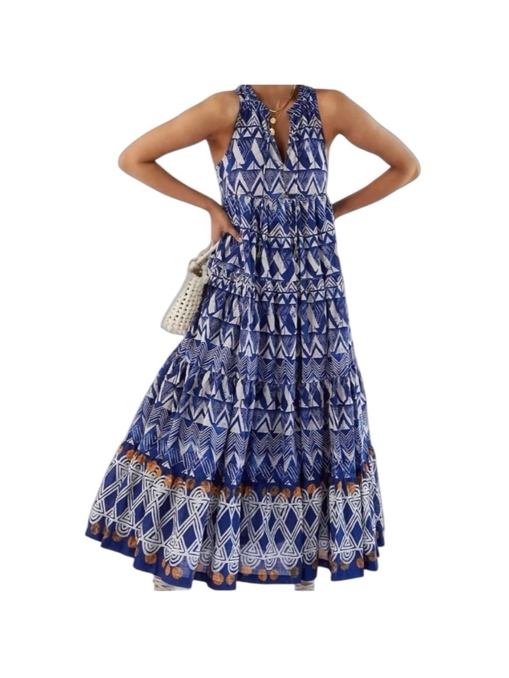 Anthropologie Blue & White Boho Art Geometric Sleeveless Full Dress NWOT S/M